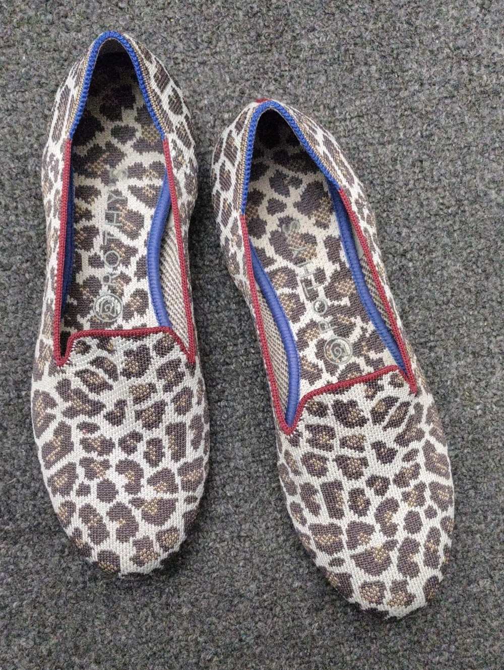 Rothy's Leopard Print Slip-On Flats in Brown, Tan and Blue Trim